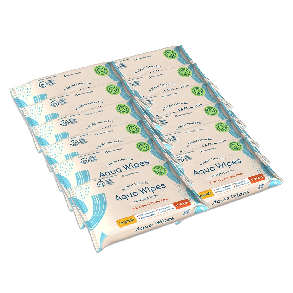 Aqua Wipes Originals (Travel size) Baby Wipes - Biodegradable Wipes - 99.6% Purified Water Paediatrician tested – Plastic free Wipes with Organic Aloe Vera Extract - 12 packs 12 wipes per pack