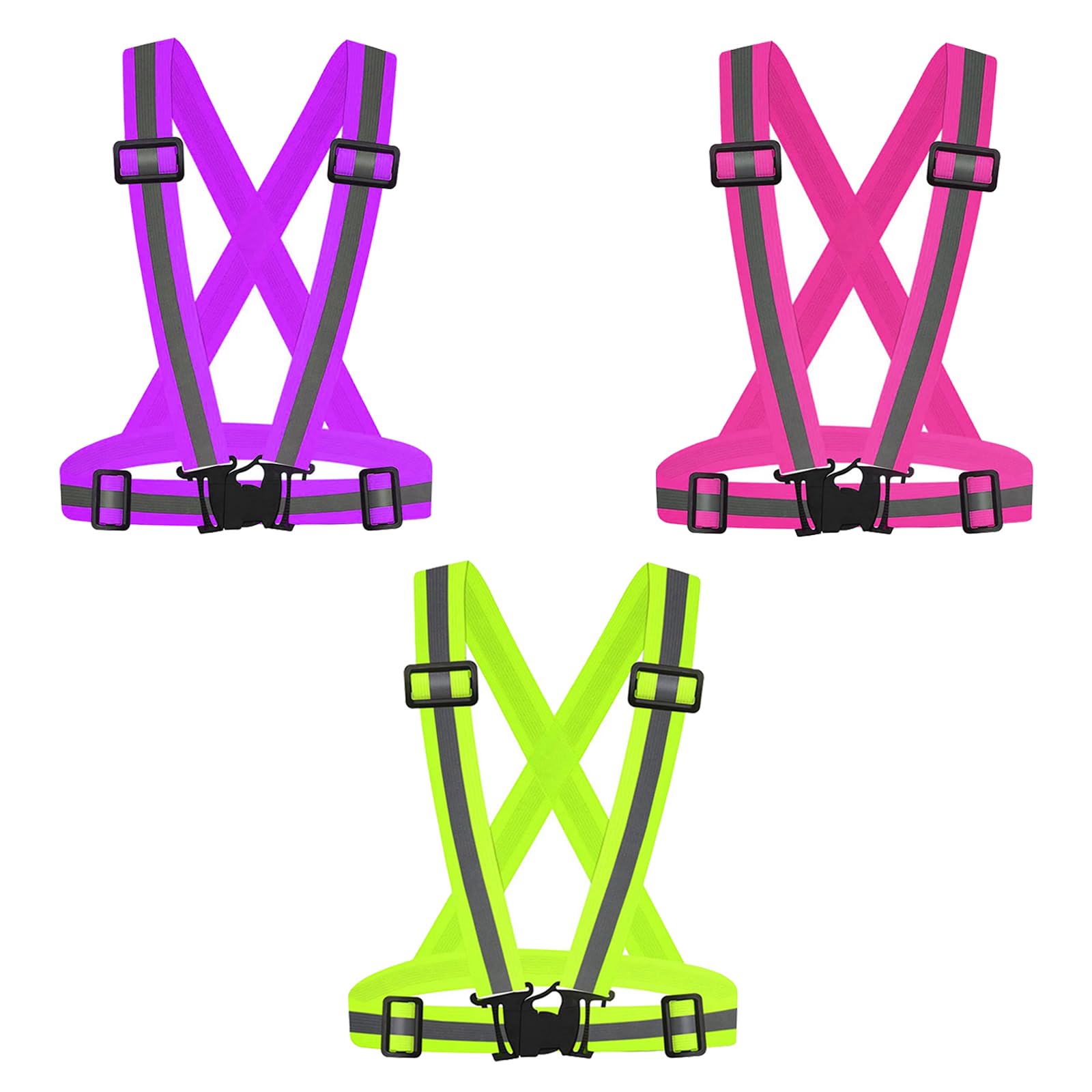 Safety Vest Reflective Running Gear Adjustable Safety Vests Outdoor Lightweight Reflective Belt 360°High Visibility for Night Running Walking(Fluorescent Green+Pink+Purple)