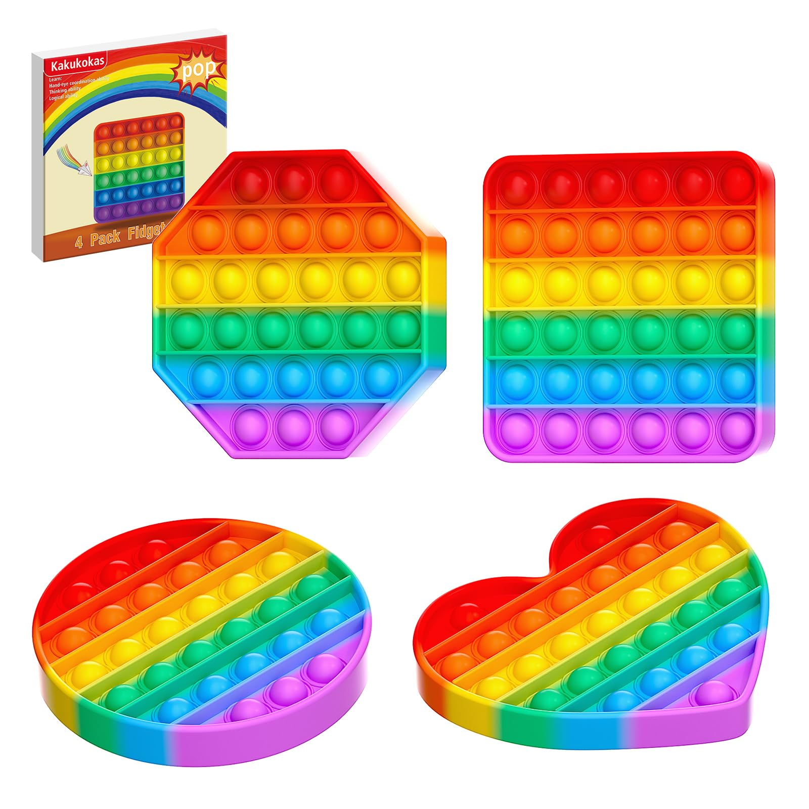 Kakukokas 4 Pack Fidget ToysPop Fidgets Pack Party Favors for Kids & AdultsPush Sensory Toys Bulk Toddler ToysStress Relief Gifts for EasterBirthdayParty SuppliesClassroom Prizes